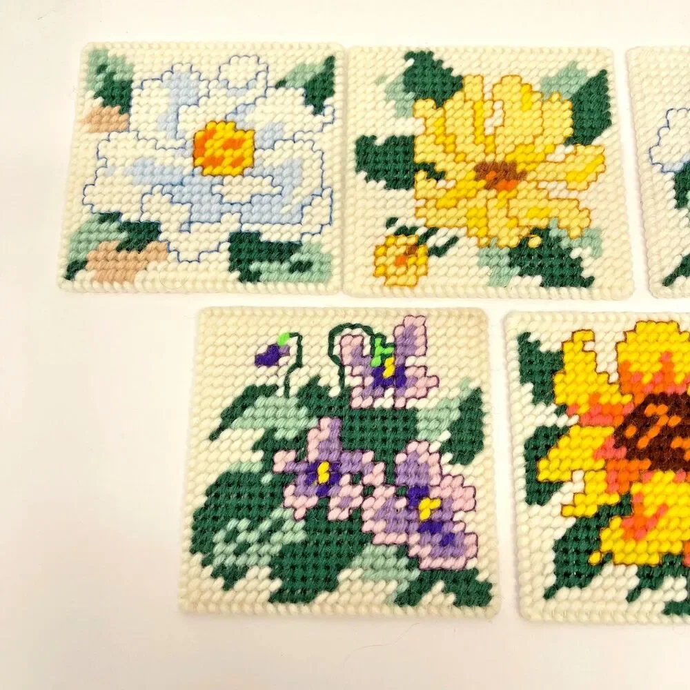 Vintage Handmade Needlepoint Floral Coasters Set of 7 w/ Yarn Covered Box 4in